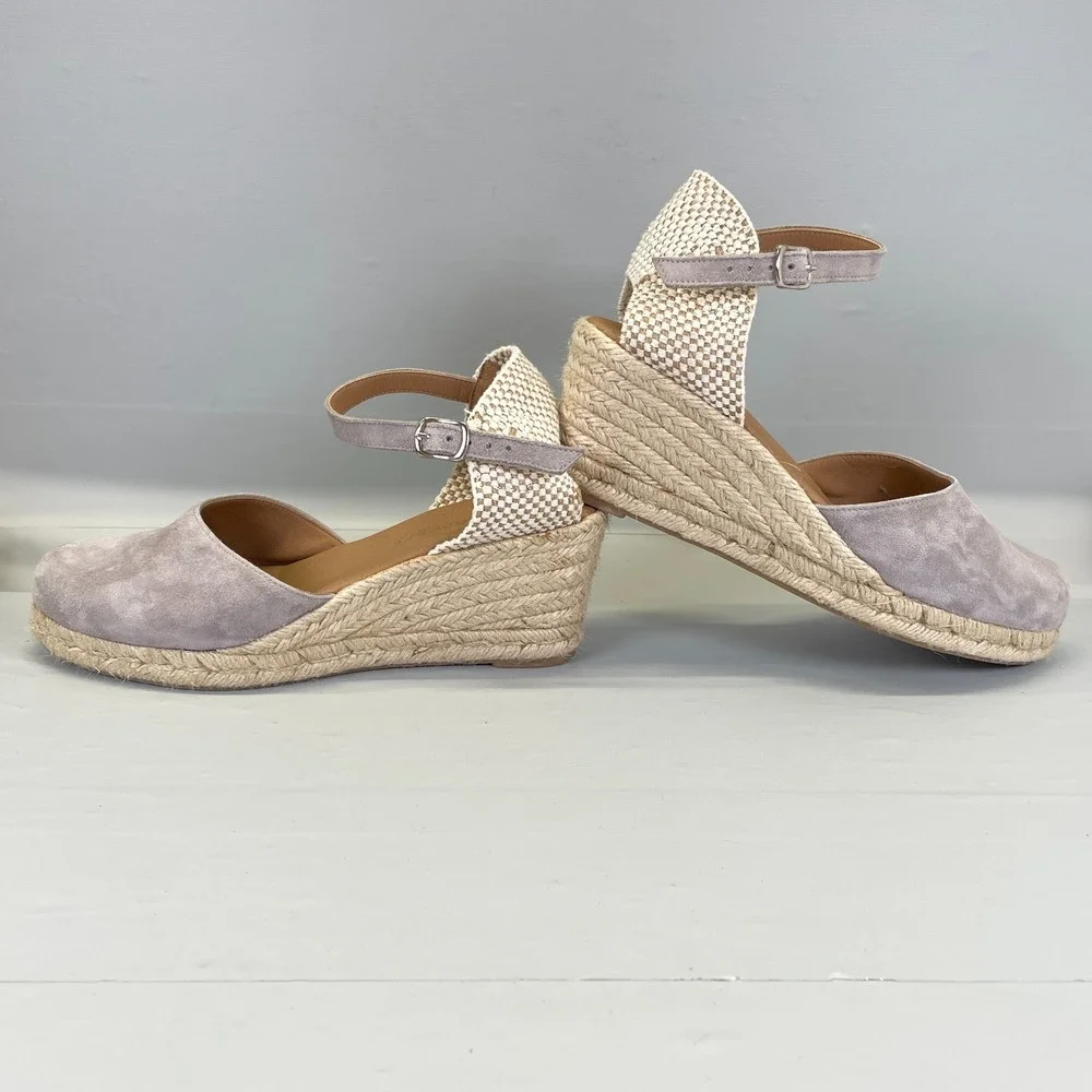 Paseart Wedge Espadrille Sandals Womens Size 40 US 9.5 Gray Suede Buckle Shoes